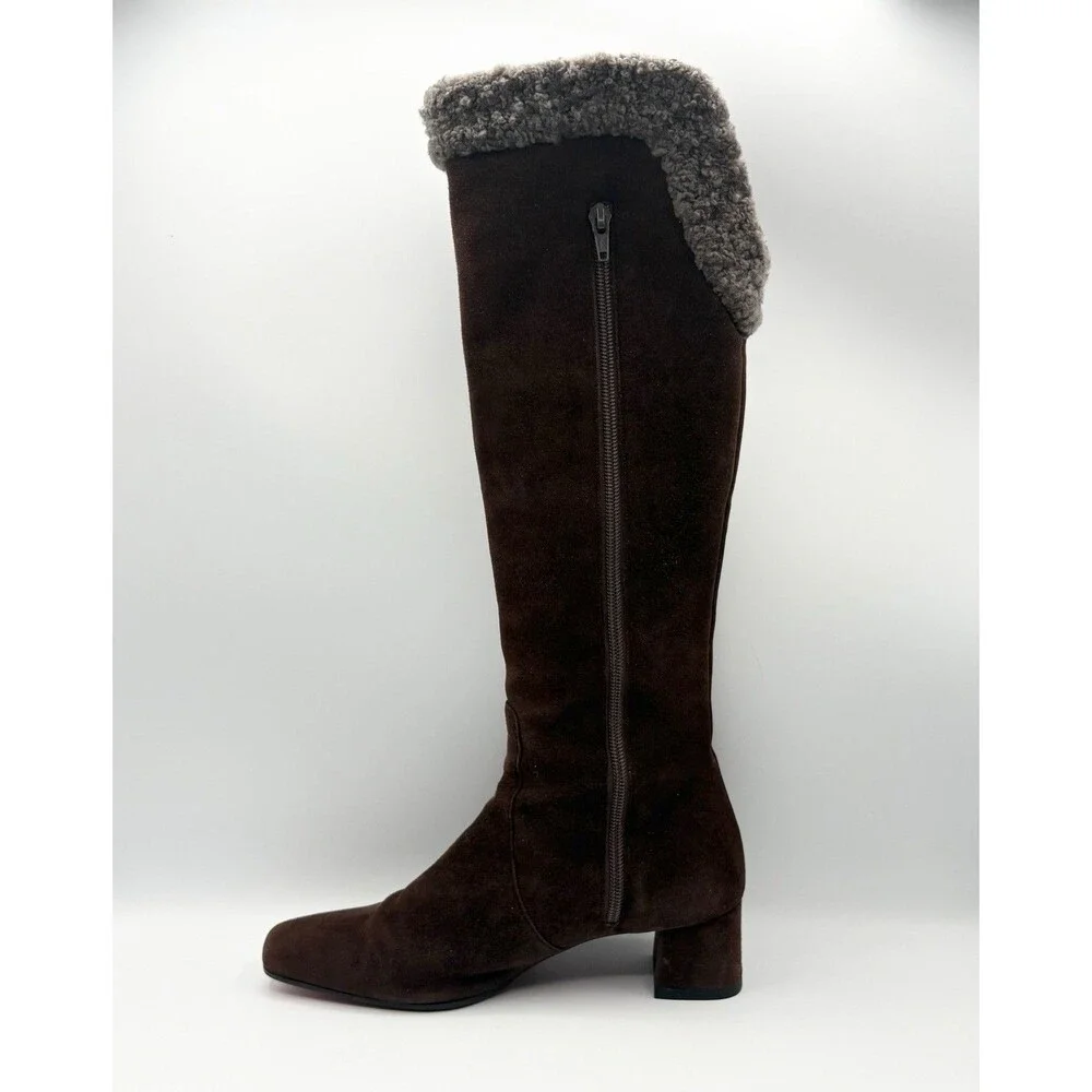 Christian Louboutin Brown Suede Knee High Boots Sheepskin Accent Size EU 36.5